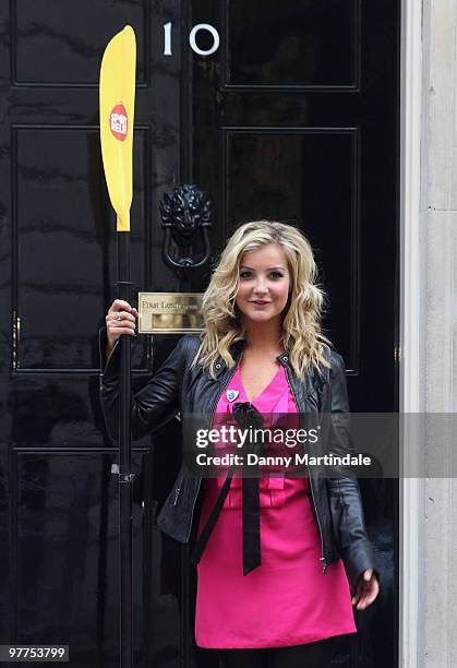 Helen Skelton arrive at Number 10 Downing Street for Sport Relief visit on March 16, 2010 in London, England.