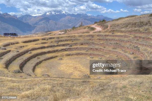 andes mountains as seen from moray, peru - moray inca ruin stock pictures, royalty-free photos & images