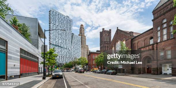 downtown brooklyn street scene - new york - clock tower stock pictures, royalty-free photos & images