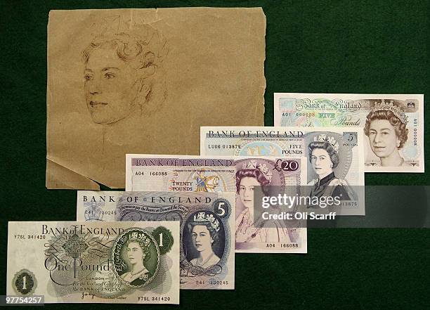 The development of the portrait of Her Majesty The Queen Elizabeth II on Bank of England banknotes is seen in the Bank of England Museum next to a...