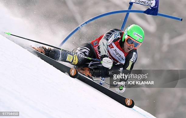 Ted Ligety competes in the men's Alpine skiing World Cup Giant Slalom in Garmisch Partenkirchen, southern Germany on March 12, 2010. AFP PHOTO / JOE...