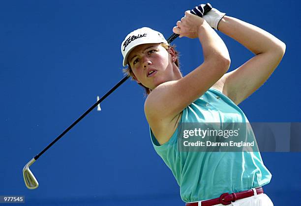 Karine Icher of France tees off on the 16th tee during the second round at the ANZ Australian Ladies Masters Golf at Royal Pines Resort on the Gold...