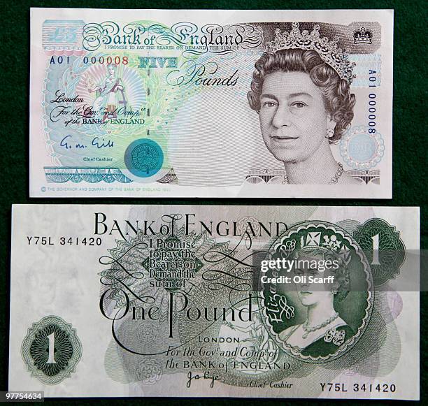 The portrait of Her Majesty The Queen Elizabeth II on the current five pound note is positioned next to an original one pound note issued on March 17...