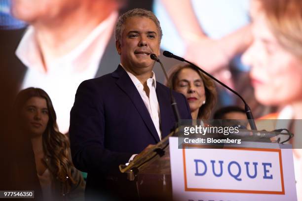Ivan Duque, Colombia's president-elect, speaks during an election event at the party's headquarters in Bogota, Colombia, on Sunday, June 17, 2018. In...