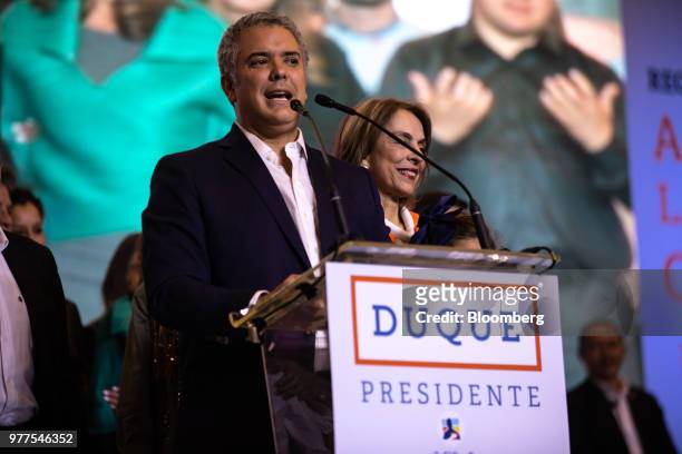 Ivan Duque, Colombia's president-elect, speaks during an election event at the party's headquarters in Bogota, Colombia, on Sunday, June 17, 2018. In...