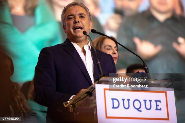 Ivan Duque, Colombia's president-elect, speaks during an election event at the party's headquarters in Bogota, Colombia, on Sunday, June 17, 2018. In...