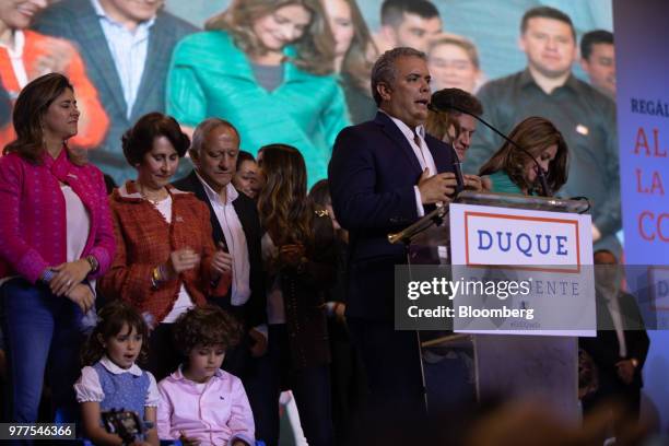 Ivan Duque, Colombia's president-elect, speaks during an election event at the party's headquarters in Bogota, Colombia, on Sunday, June 17, 2018. In...