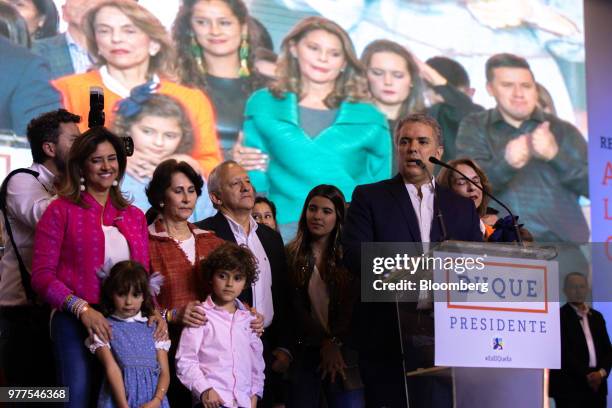 Ivan Duque, Colombia's president-elect, speaks during an election event at the party's headquarters in Bogota, Colombia, on Sunday, June 17, 2018. In...