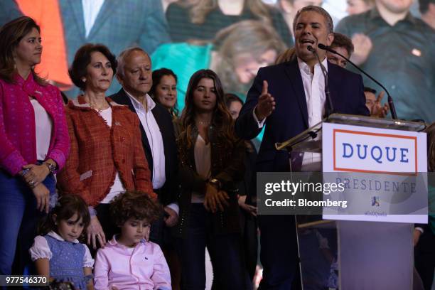 Ivan Duque, Colombia's president-elect, speaks during an election event at the party's headquarters in Bogota, Colombia, on Sunday, June 17, 2018. In...