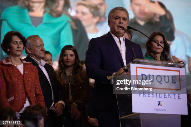 Ivan Duque, Colombia's president-elect, speaks during an election event at the party's headquarters in Bogota, Colombia, on Sunday, June 17, 2018. In...