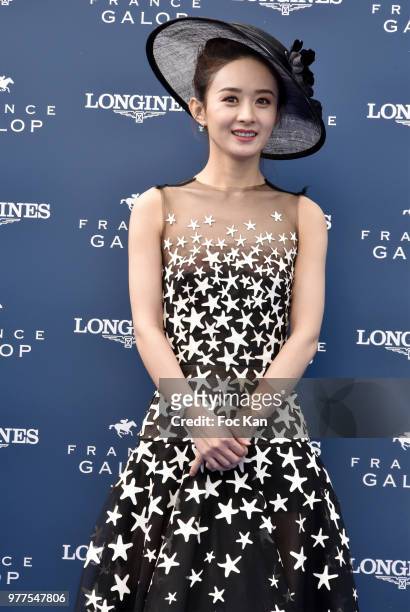 Longines ambassador of Elegance chinese actress Zhao Liying attends the Prix de Diane Longines 2018 at Hippodrome de Chantilly on June 17, 2018 in...