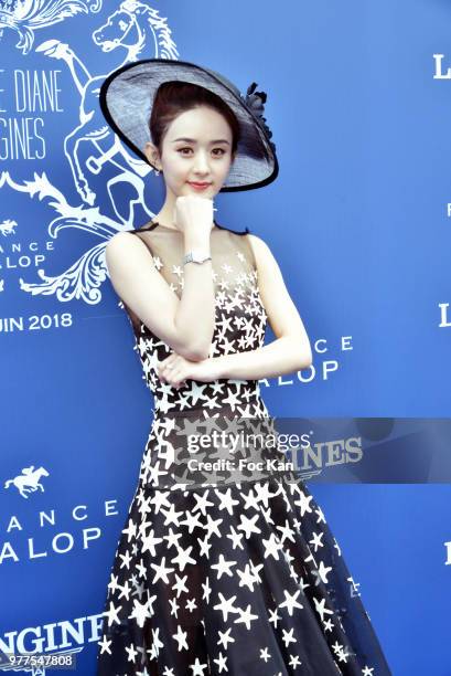 Longines ambassador of Elegance chinese actress Zhao Liying attends the Prix de Diane Longines 2018 at Hippodrome de Chantilly on June 17, 2018 in...