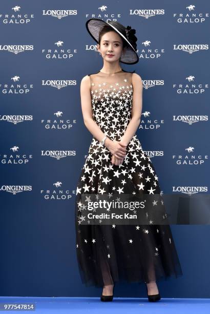 Longines ambassador of Elegance chinese actress Zhao Liying attends the Prix de Diane Longines 2018 at Hippodrome de Chantilly on June 17, 2018 in...