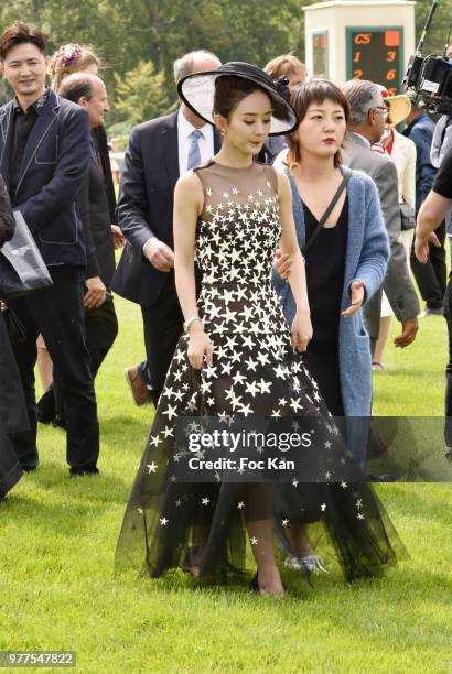 Longines ambassador of Elegance chinese actress Zhao Liying attends the Prix de Diane Longines 2018 at Hippodrome de Chantilly on June 17, 2018 in...