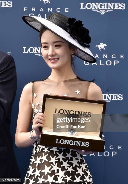 Longines ambassador of Elegance chinese actress Zhao Liying attends the Prix de Diane Longines 2018 at Hippodrome de Chantilly on June 17, 2018 in...