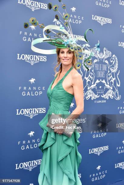 Miss France1998 TV presenter Sophie Thalmann dressed by Christophe Guillarme and hat from Celine Cave attends the Prix de Diane Longines 2018 at...