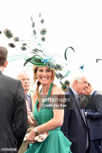 Miss France1998 TV presenter Sophie Thalmann dressed by Christophe Guillarme and hat from Celine Cave attends the Prix de Diane Longines 2018 at...