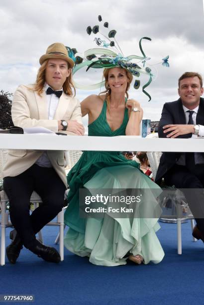 Designer Christophe Guillarme and Miss France1998 TV presenter Sophie Thalmann dressed by Christophe Guillarme and hat from Celine Cave and guests...