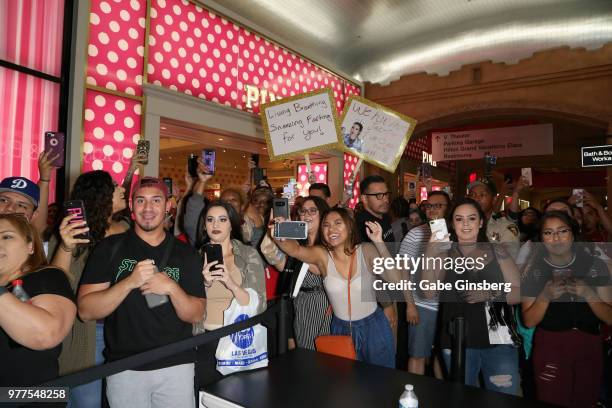 Fans react to Jacyln Hill's arrival during Morphe store opening at the Miracle Mile Shops at Planet Hollywood Resort & Casino on June 16, 2018 in Las...