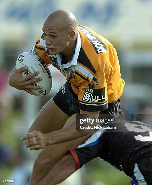 Tyran Smith of the Wests Tigers in action during the round 3 NRL match between the Wests Tigers and the Warriors at Campbelltown Stadium, Sydney,...