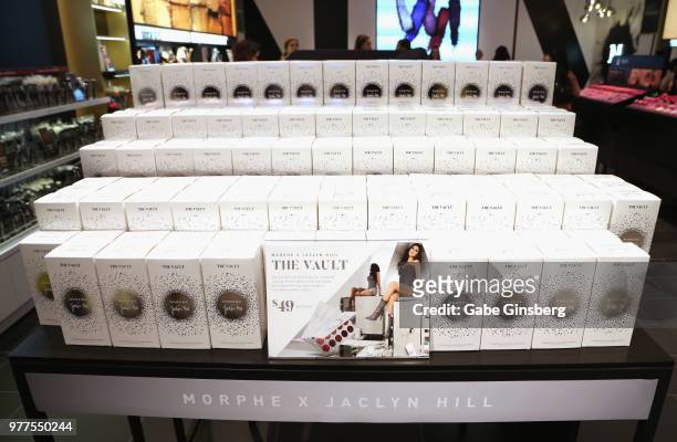 Boxes of "The Vault" eyeshadow palette collection is displayed during a Morphe store opening at the Miracle Mile Shops at Planet Hollywood Resort &...