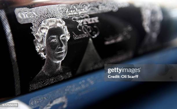 Detailed view of a portrait of Queen Elizabeth II on an Intaglio Printing Plate for the fifty pound note in the Bank of England Museum on March 16,...