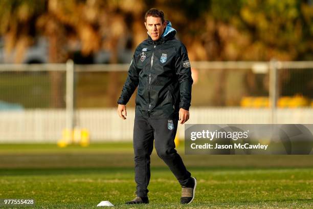 Brad Fittler head coach of the Blues looks on during a New South Wales Blues State of Origin recovery session at Coogee Oval on June 18, 2018 in...