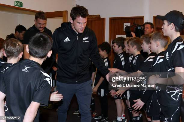 Matt Tood, Sam Cane and Te Toiroa Tahuriorangi of the All Blacks arrive at the Pirates Rugby Club to help paint the newly built pirate ship stage...