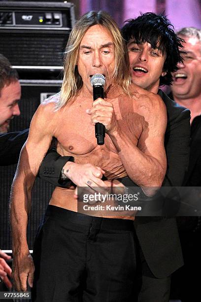 Inductee Iggy and the Stooges and Billie Joe Armstrong perform onstage at the 25th Annual Rock and Roll Hall of Fame Induction Ceremony at...