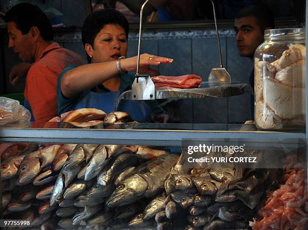 Fish stall at the Municipal market in Cartago, some 25 km south of San Jose, on March 13, 2010. AFP PHOTO/ Yuri CORTEZ