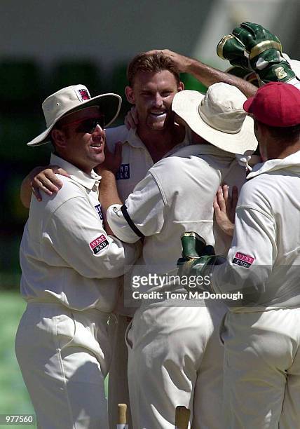 Mark Harrity for South Australia after claimingMurray Goodwin's wicket for 4 in the Pura Cup match between South Australia's Southern Redbacks and...