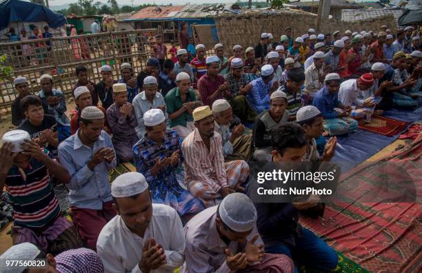 Rohingya Muslim refugees who fled from Myanmar violence few months before as offered Eid prayers On 16 June, 2018 as held at Kutupalong camp in Cox's...