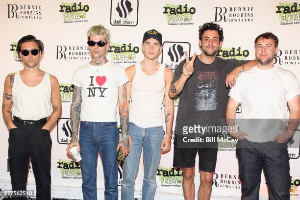 Zach Abels, Jesse Rutherford, Brandon Alexander, Jeremy Freedman and Mike Margott of the band Neighbourhood pose at the Radio 104.5 Birthday...