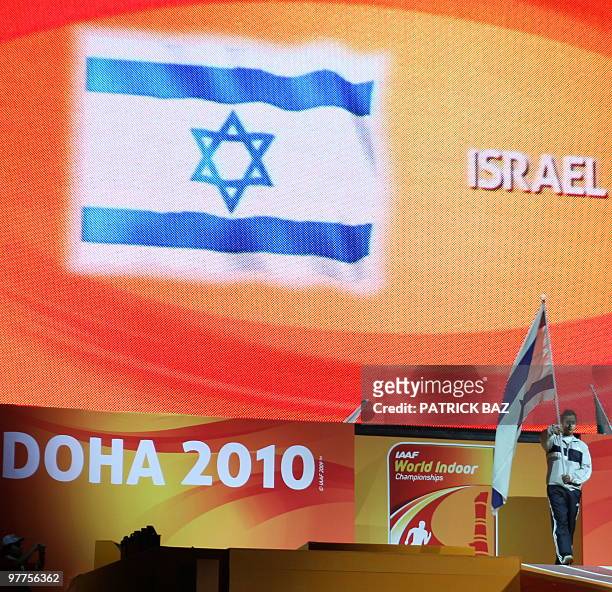 The Israeli flag is displayed at the opening ceremony of the 2010 IAAF World Indoor Athletics Championships during the presentation of countries...