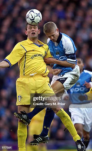 Alf Inge Haaland of Manchester City and Eirik Bakke of Leeds United in action during the FA Carling Premiership match between Manchester City v Leeds...