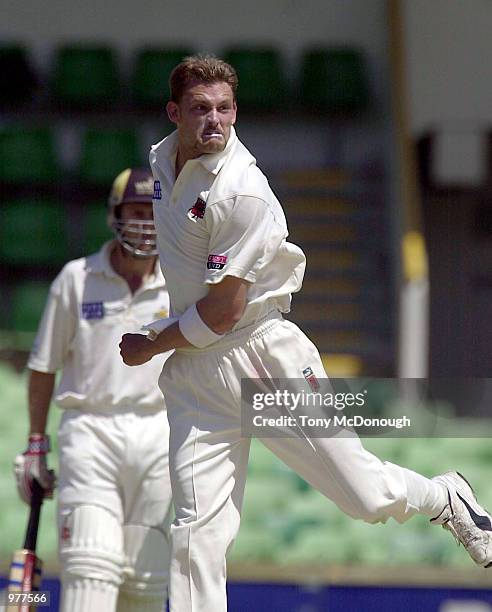 Mark Harrity for South Australia after claimingMurray Goodwin's wicket for 4 in the Pura Cup match between South Australia's Southern Redbacks and...