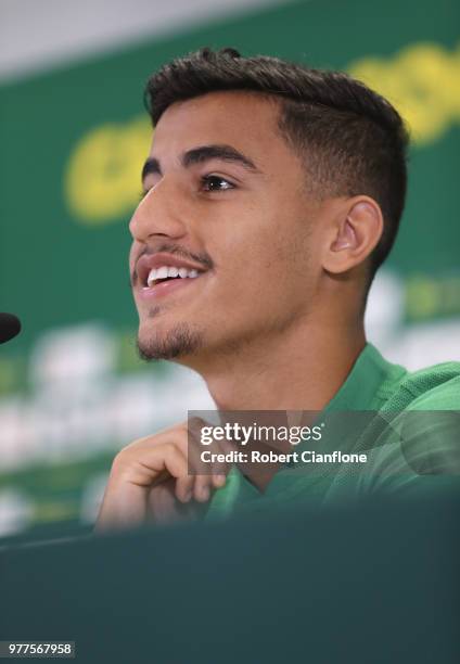 Daniel Arzani of Australia speaks during an Australia Socceroos media opportunity at Stadium Trudovye Rezervy on June 18, 2018 in Kazan, Russia.