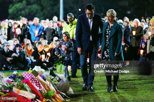 Victorian Premier Daniel Andrews and his wife arrive to pay his respects during a vigil held in memory of murdered Melbourne comedian, 22-year-old...