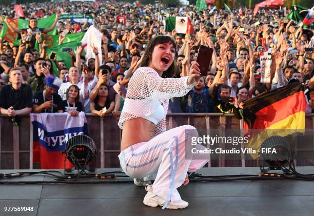 Mari Ferrari during her show during the 2018 FIFA World Cup Russia group F match between Germany and Mexico at Luzhniki Stadium on June 17, 2018 in...