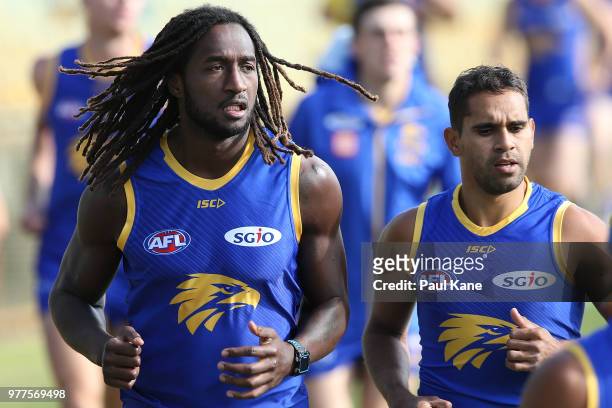 Nic Naitanui jogs laps during a West Coast Eagles AFL training session at Subiaco Oval on June 18, 2018 in Perth, Australia.
