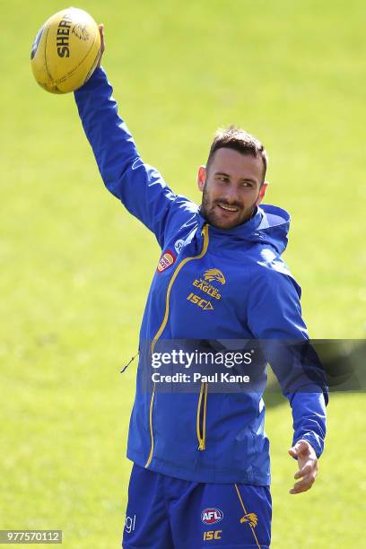 Chris Masten warms up during a West Coast Eagles AFL training session at Subiaco Oval on June 18, 2018 in Perth, Australia.