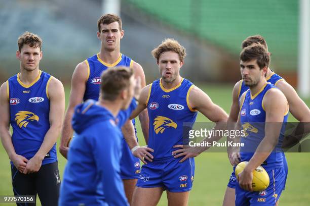 Assistant coach Sam Mitchell addresses Jack Redden, Scott Lycett, Mark Hutchings, Elliot Yeo and Andrew Gaff during a West Coast Eagles AFL training...