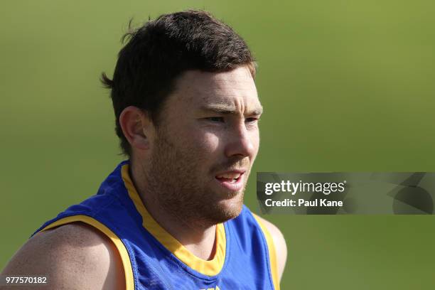 Jeremy McGovern looks on during a West Coast Eagles AFL training session at Subiaco Oval on June 18, 2018 in Perth, Australia.