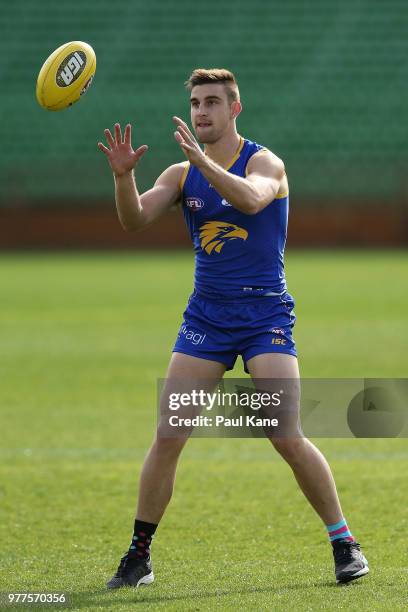 Elliot Yeo marks the ball during a West Coast Eagles AFL training session at Subiaco Oval on June 18, 2018 in Perth, Australia.