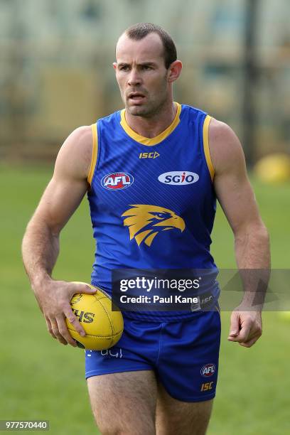 Shannon Hurn looks on during a West Coast Eagles AFL training session at Subiaco Oval on June 18, 2018 in Perth, Australia.