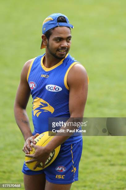 Willie Rioli looks on during a West Coast Eagles AFL training session at Subiaco Oval on June 18, 2018 in Perth, Australia.