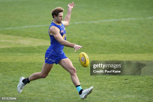 Mark Hutchings practices kicking on goal during a West Coast Eagles AFL training session at Subiaco Oval on June 18, 2018 in Perth, Australia.