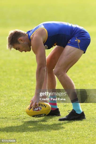 Brad Sheppard is seen wearing socks to support the Sock It To Sarcoma research campaign during a West Coast Eagles AFL training session at Subiaco...