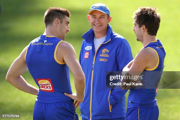 Elliot Yeo talks with Andrew Gaff during a West Coast Eagles AFL training session at Subiaco Oval on June 18, 2018 in Perth, Australia.