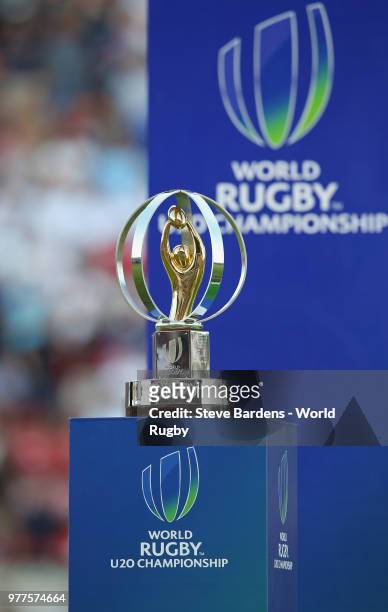 The World Cup trophy after the World Rugby via Getty Images Under 20 Championship Final between England and France at the Stade De La Mediterranee on...